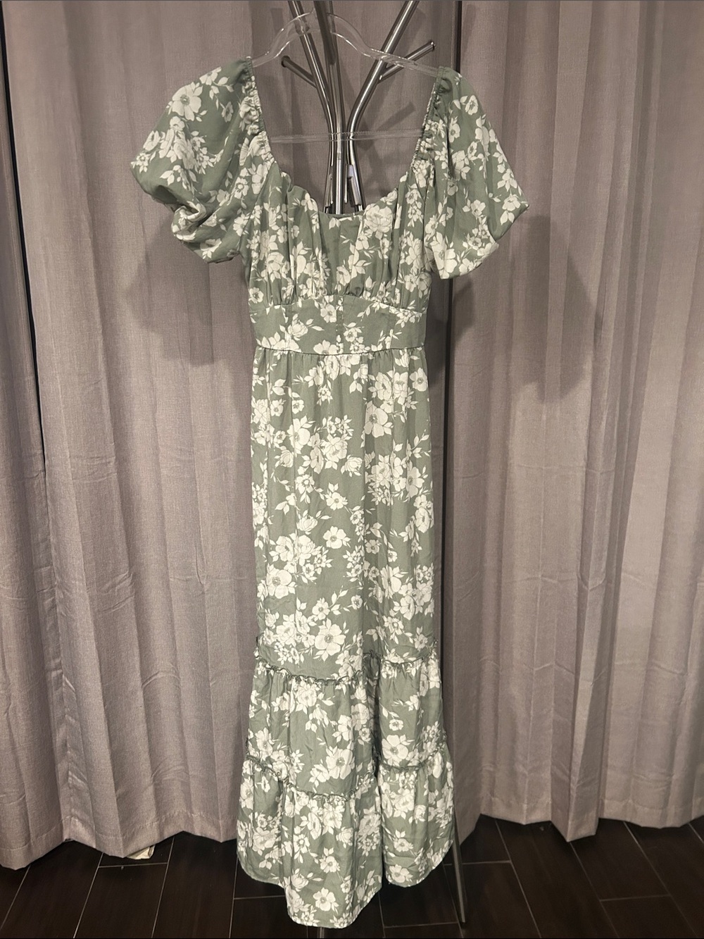 Inspired Hearts Sage Green Floral Maxi Dress with Puff Sleeves